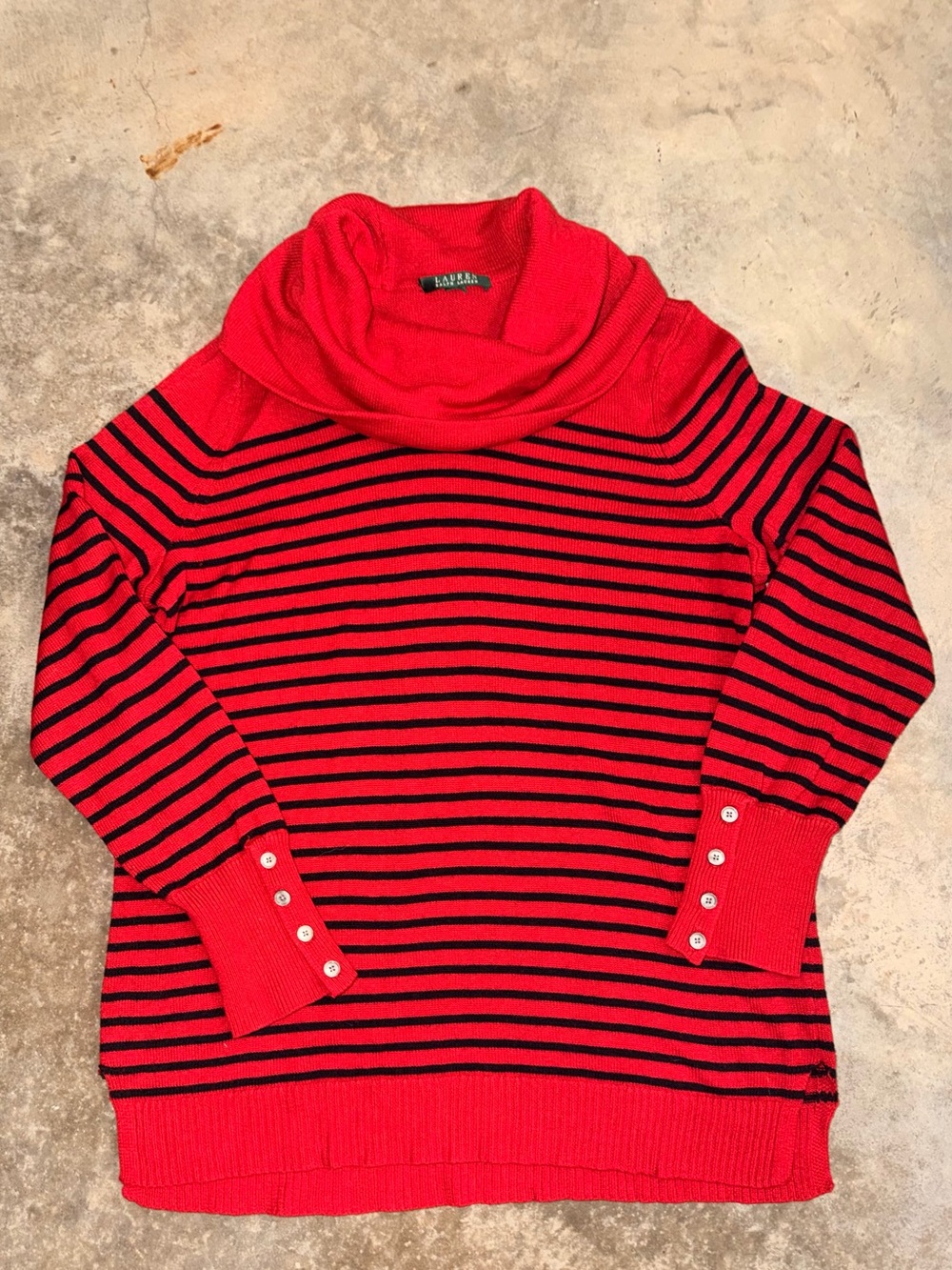 Lauren Ralph Lauren Red Black Striped Cowl Neck Holiday Sweater L